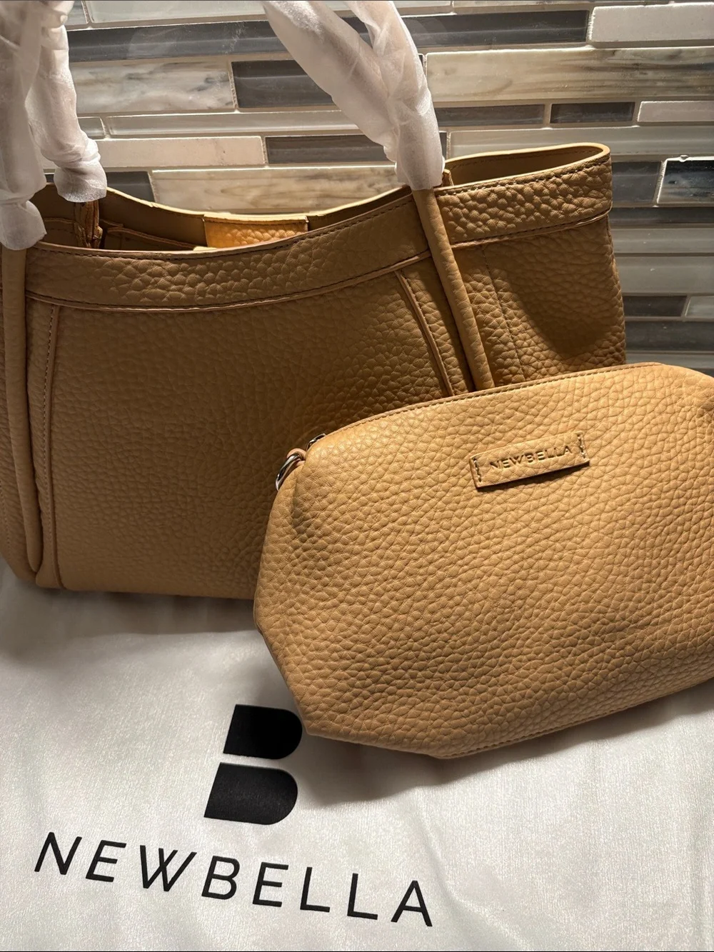 Newbella Tan Textured Pebbled Leather Tote with Detachable Pouch